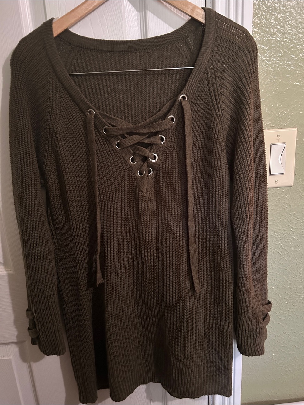 Source Unknown Olive Lace-Up V-Neck Knit Sweater